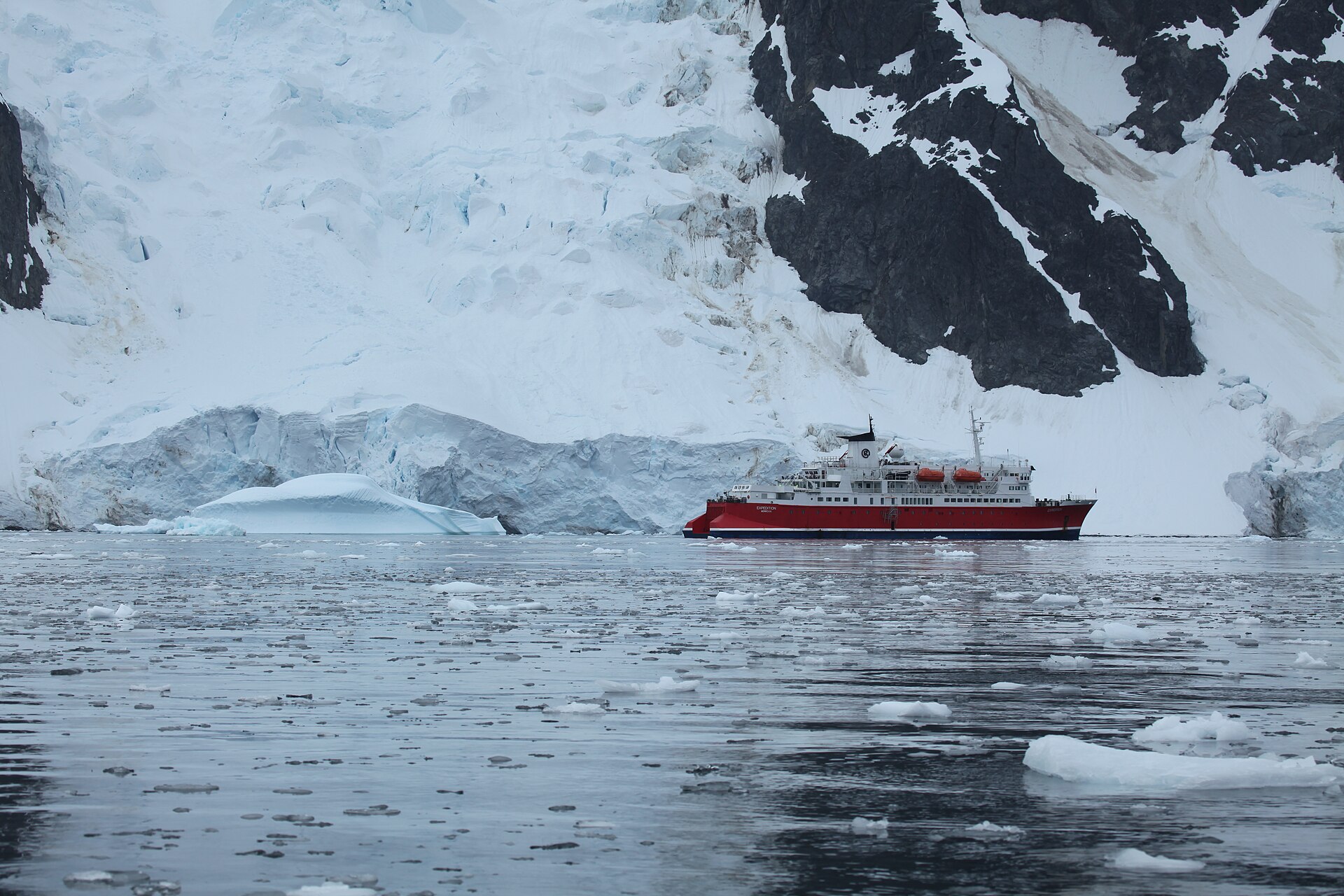 The expedition ship M/S Expedition navigating among icebergs in Pléneau Bay, Antarctica